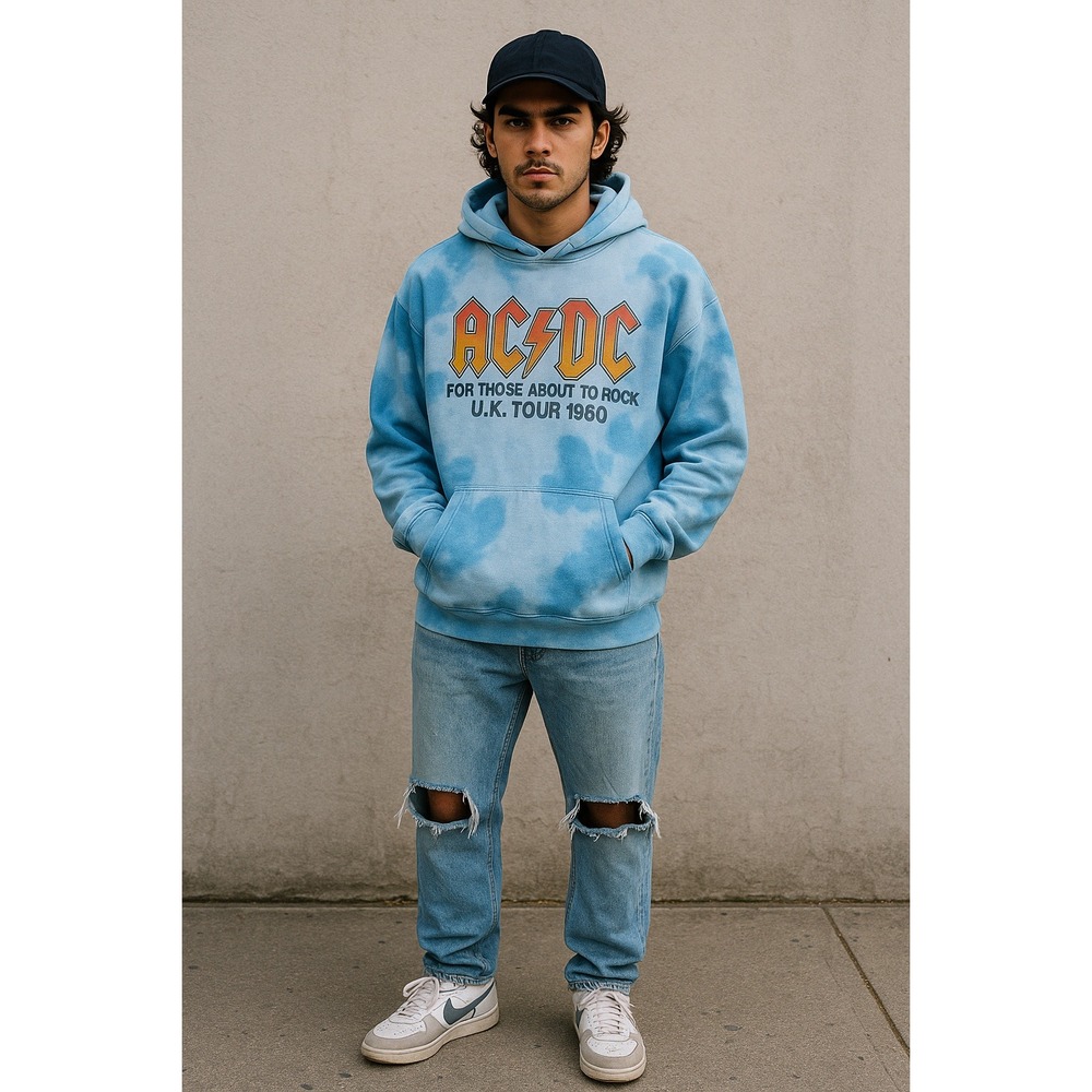 AC/DC Tie Dye Hoodie 3XL Blue Graphic  UK Tour Sweatshirt Y2K 80s‎ Vintage Style